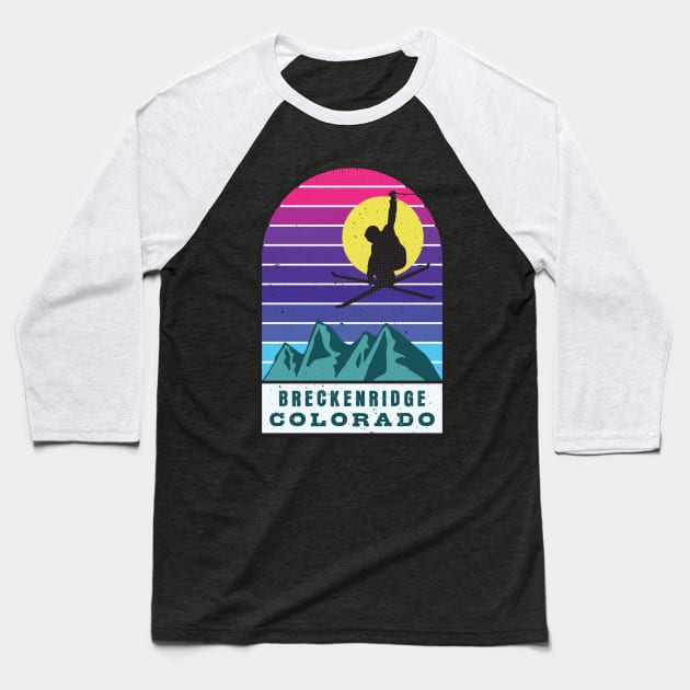 Ski Breckenridge Colorado Retro Sunset Baseball T-Shirt by JordanHolmes